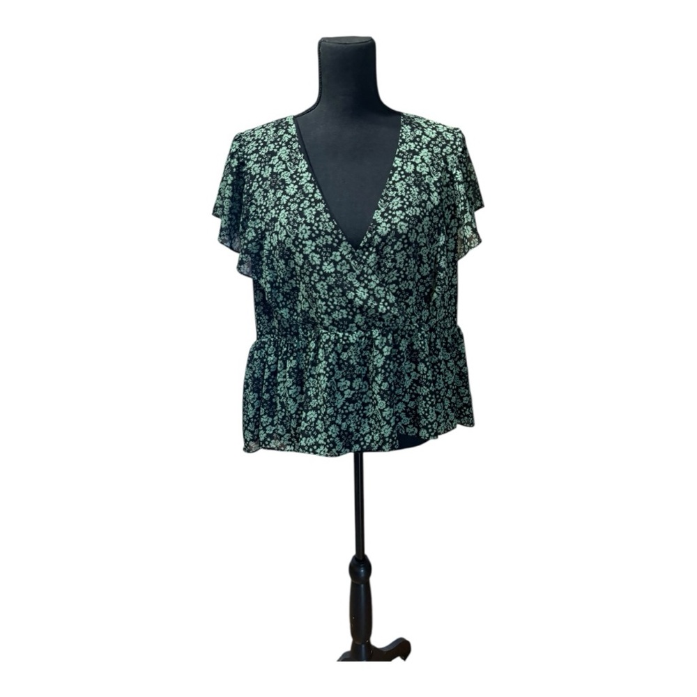 Madewell Black and Mint Green Floral Wrap Blouse